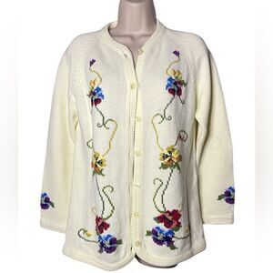 ADES SIZE M Floral Women's Vintage Knit Cardigan Sweater Medium White.